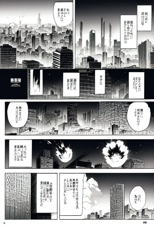 city explosions, manga page, greyscale