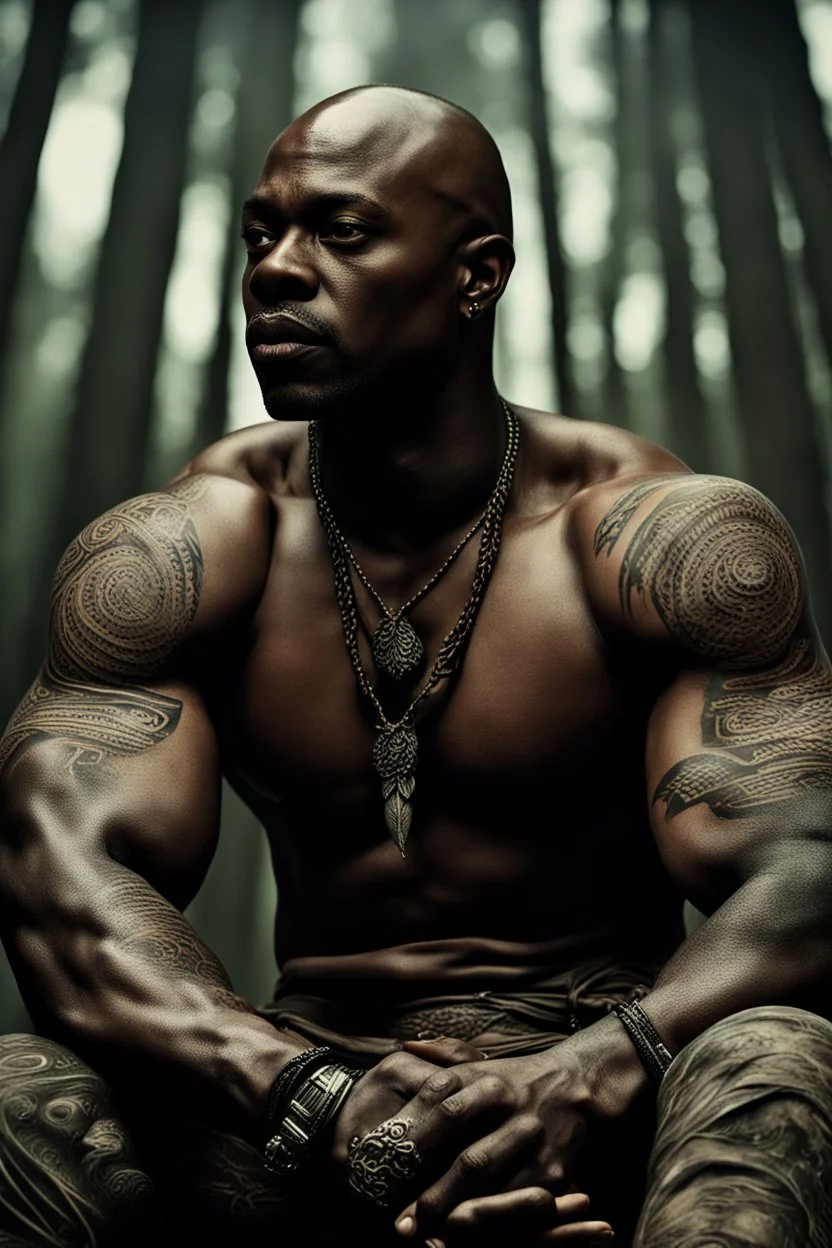 Alimi Ballard Very muscular man bald with tribal tattoos bare chested in forest, realistic face, close-up, dark fantasy, smoke in the sky, intricate details, hyper detailed