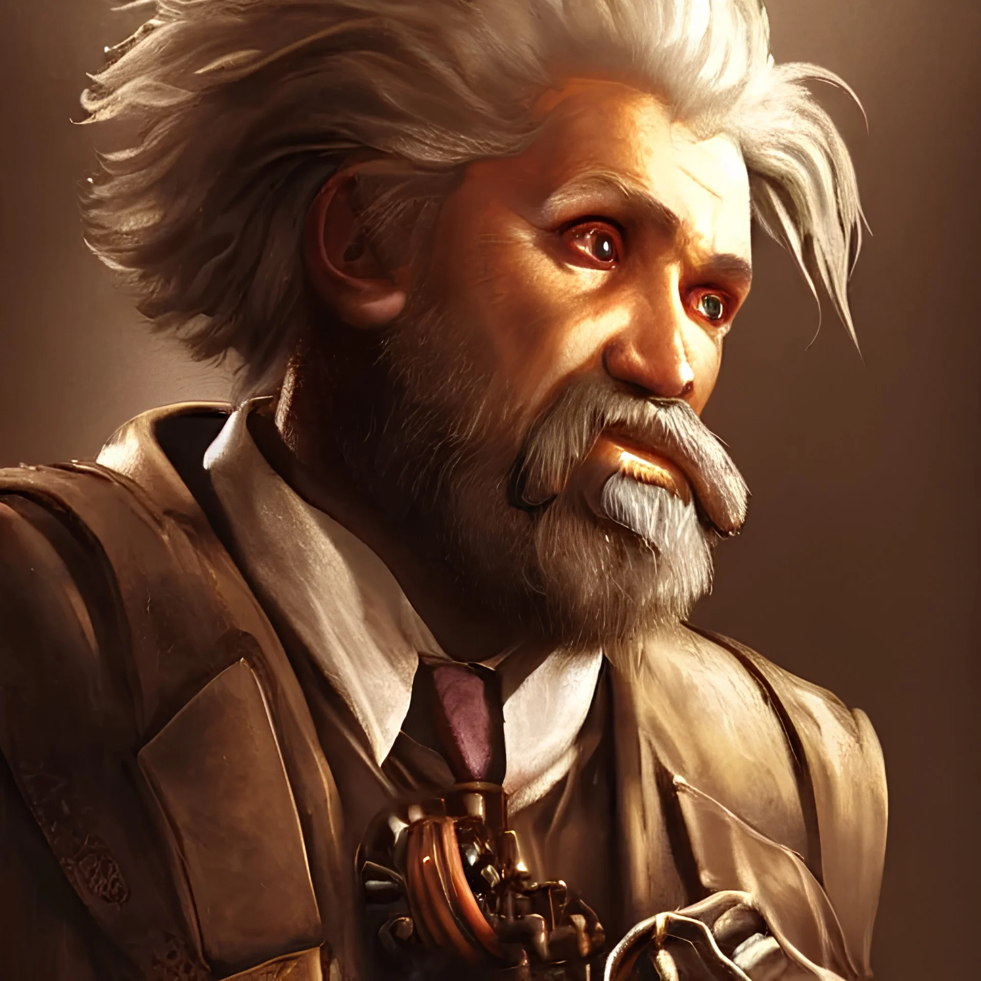 Ein Porträt von Front Fact Steampunk Einstein, God of War-Stil, Kunst von Artgerm und Greg Rutkowski, hohe Detailgenauigkeit