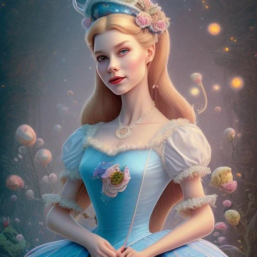 Caterpillar leading figure"Alice in the wonderland",dressing Disney style,hairstyle Disney style, detailed eyes, elegant,sarcastic smile, by artgerm,Chie Yoshii,Brian Kesinger,Gediminas Pranckevičius,Kilian Eng,reg Rutkowski,Disney