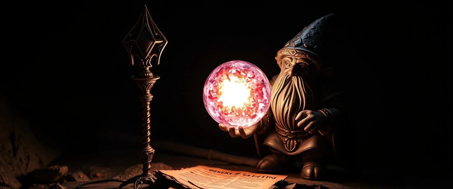 dark dwarf sceptre mining expert expert holding up a radiant Painite crystal rosette ball
