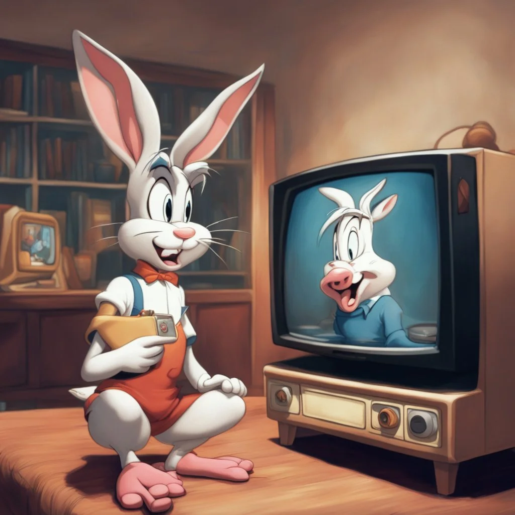 bugs bunny watching a tv about a video game with a pig