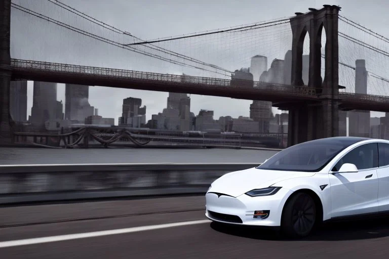 A Tesla 'Model 3' is drifting at top speed, on the 'Brooklyn Bridge' in New York. CINEMATIC. WIDE ANGLE LENS. PHOTO REAL.