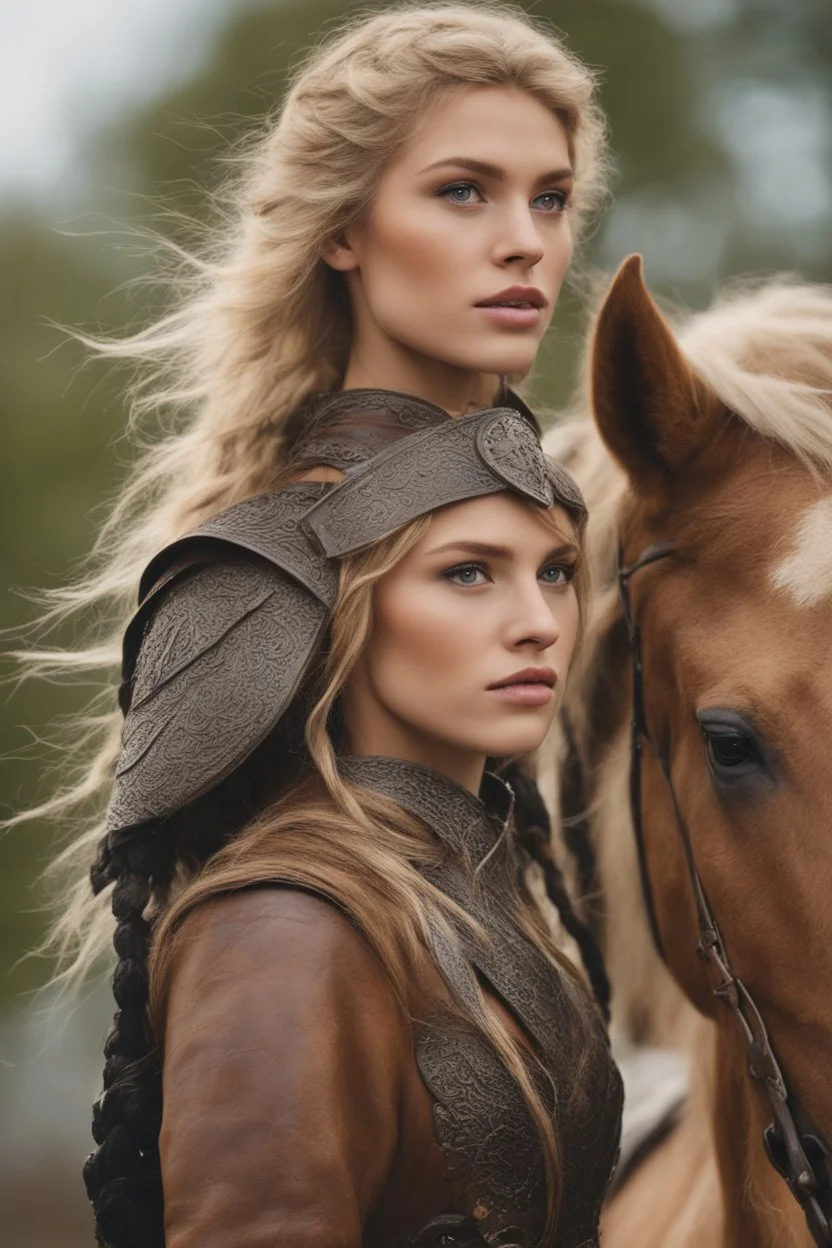 A beautiful woman with blond hair, viking braids Brown leather armor. Horse