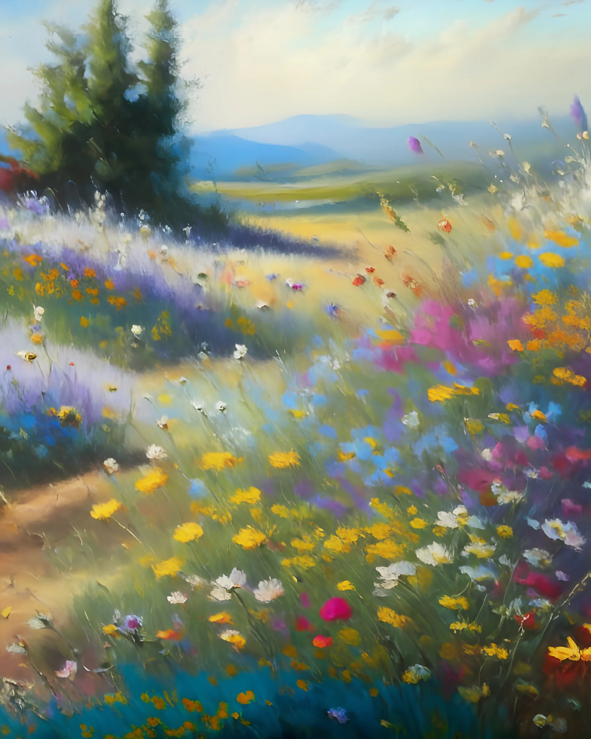 Impressionist oil painting of a landscape, with several kinds of wildflowers blossoming, realistic colors, ultra high details