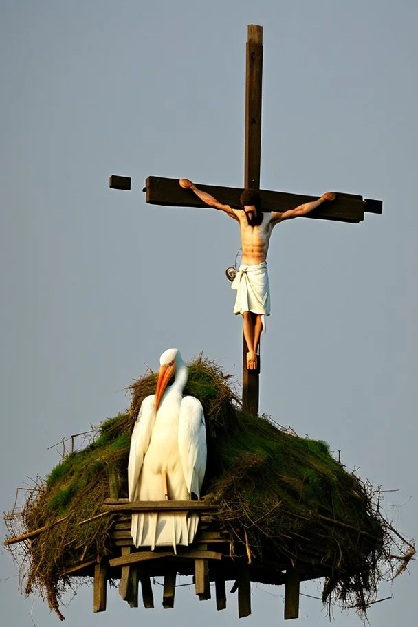 on top of the crucified Jesus is a huge stork's nest with storks