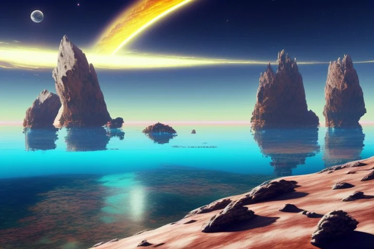 exoplanet in the horizon, big stones, lagoon, cliff, science fiction, epic scene.