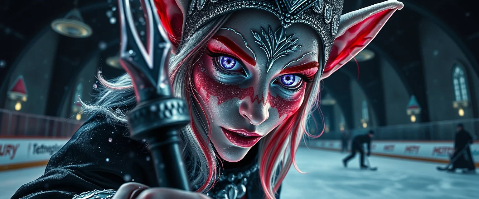 close up portrait of shiny ice priestess dark dwarf grim reaper babe with lavender eyes and red and silver hair, and with magical aura hockey staff, pin hole cam, master oil painting by Rembrandt, d&d glam rock and glitter vampire gremlin illithid and lich playing hockey in ice skating hall or church, in the style of giger and escher, sci fi with floating little saucers