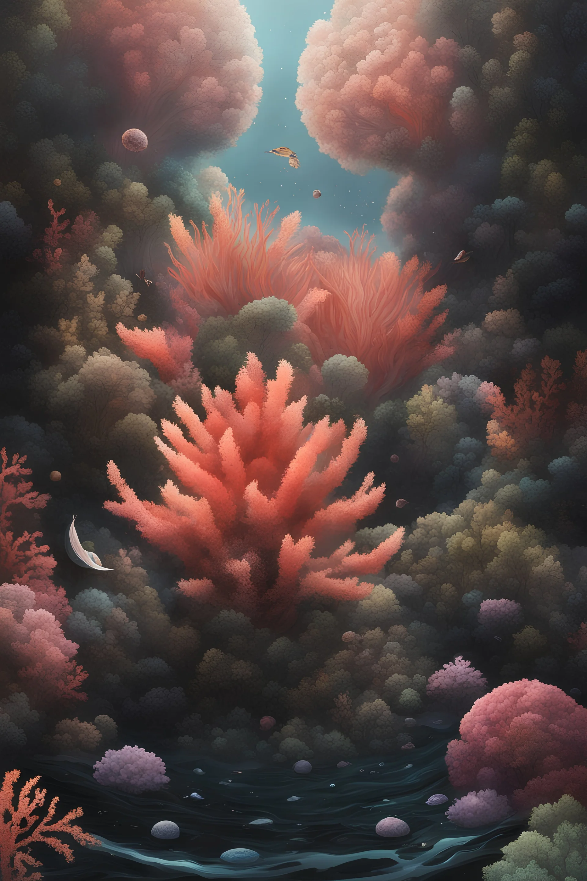 Exotic Flora, fauna, and coral at the End of the Multiverse rising from a black liquid surface.