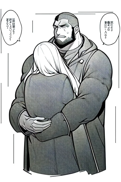 man in raincoat hugs girl, line arts, greyscale