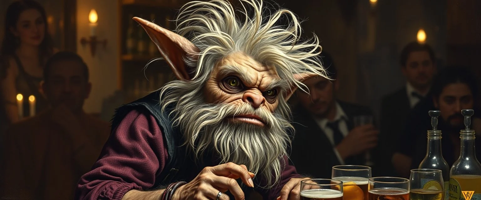 hårete gremlin bartender med vind i håret på fest malt av Rembrandt