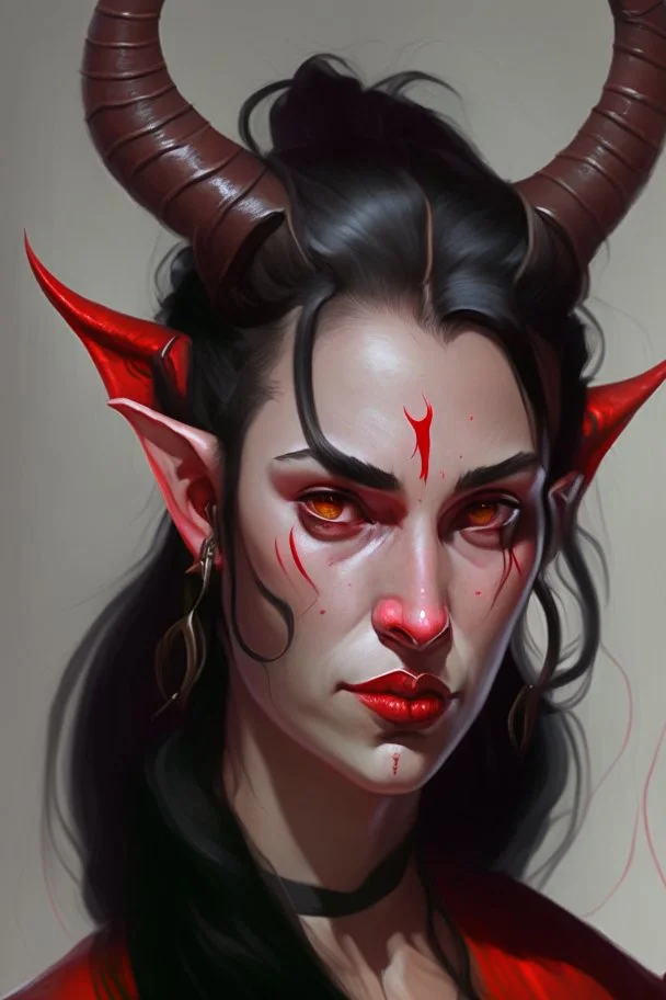 Portrait of a young and beautiful female Tiefling bard with bright red skin, two horns emerging from her forehead and long black hair with sidebangs and a ponytail.