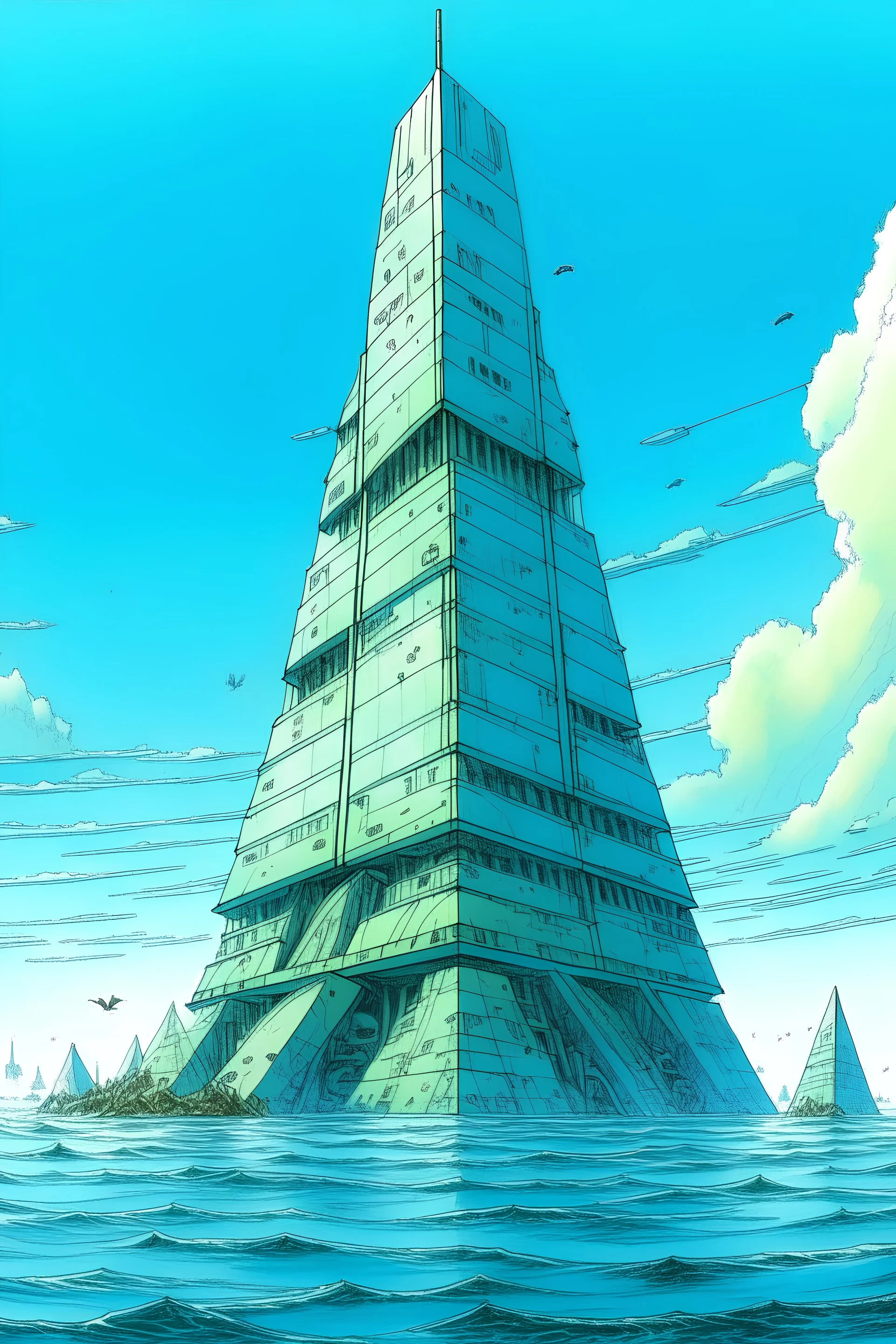 a futuristic triangular skyscraper submerged in the ocean, drawn by Jean Giraud, blue skies with clouds