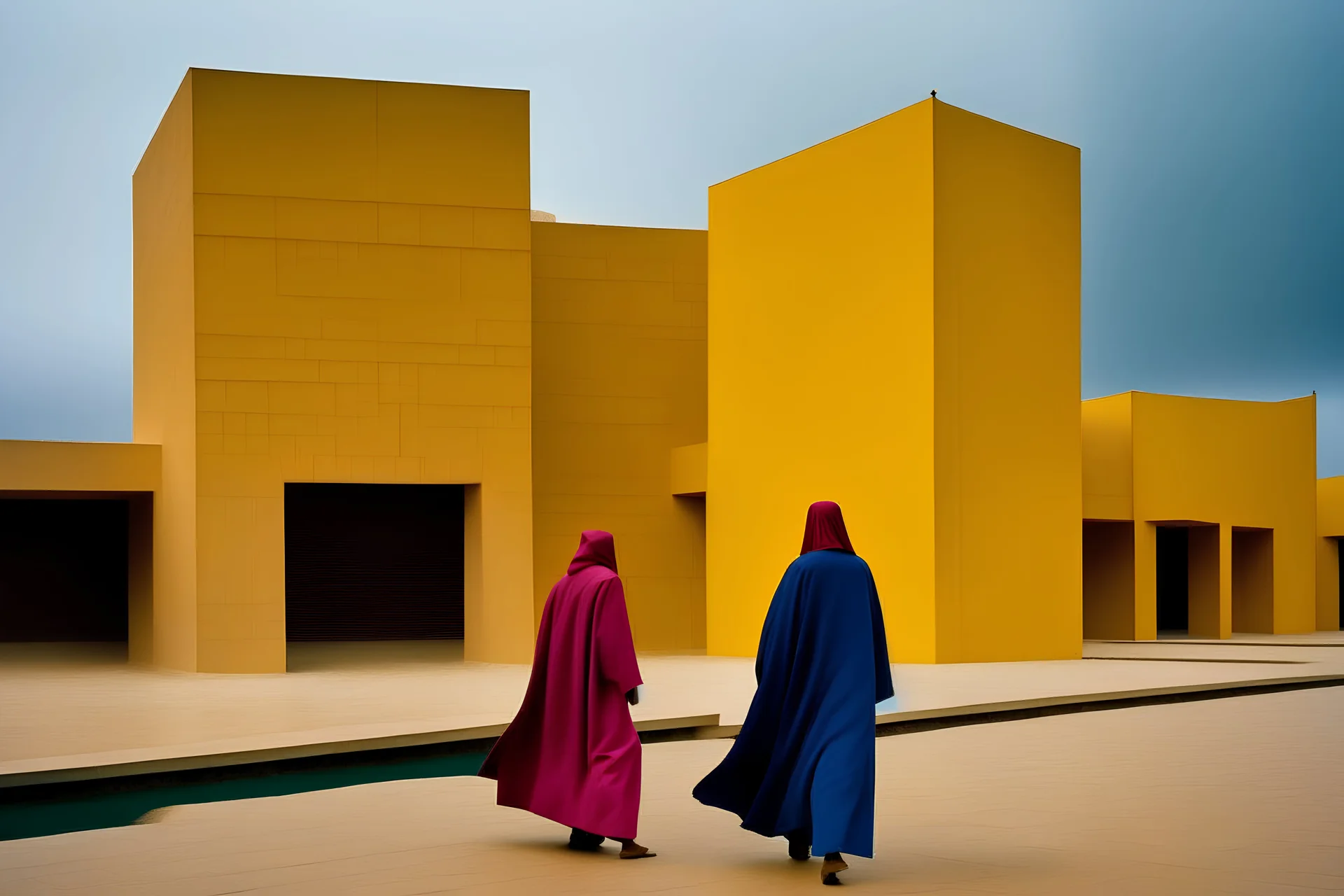 Luis Barragán style of architecure, desert in Iran, theatre, dancing with Iranina traditiona cloth, rainy weather, runray