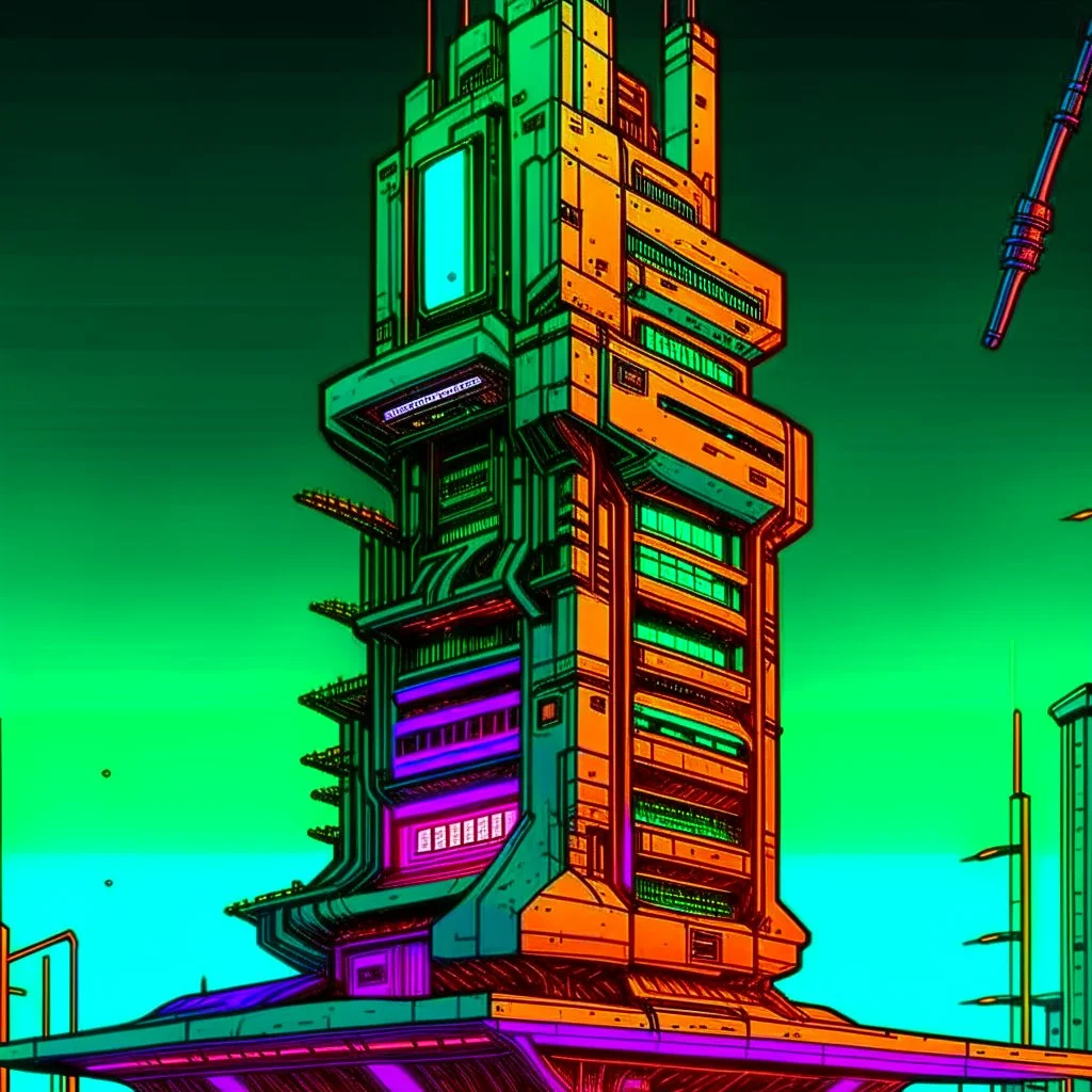 cyberpunk retro futuristic tower for comics