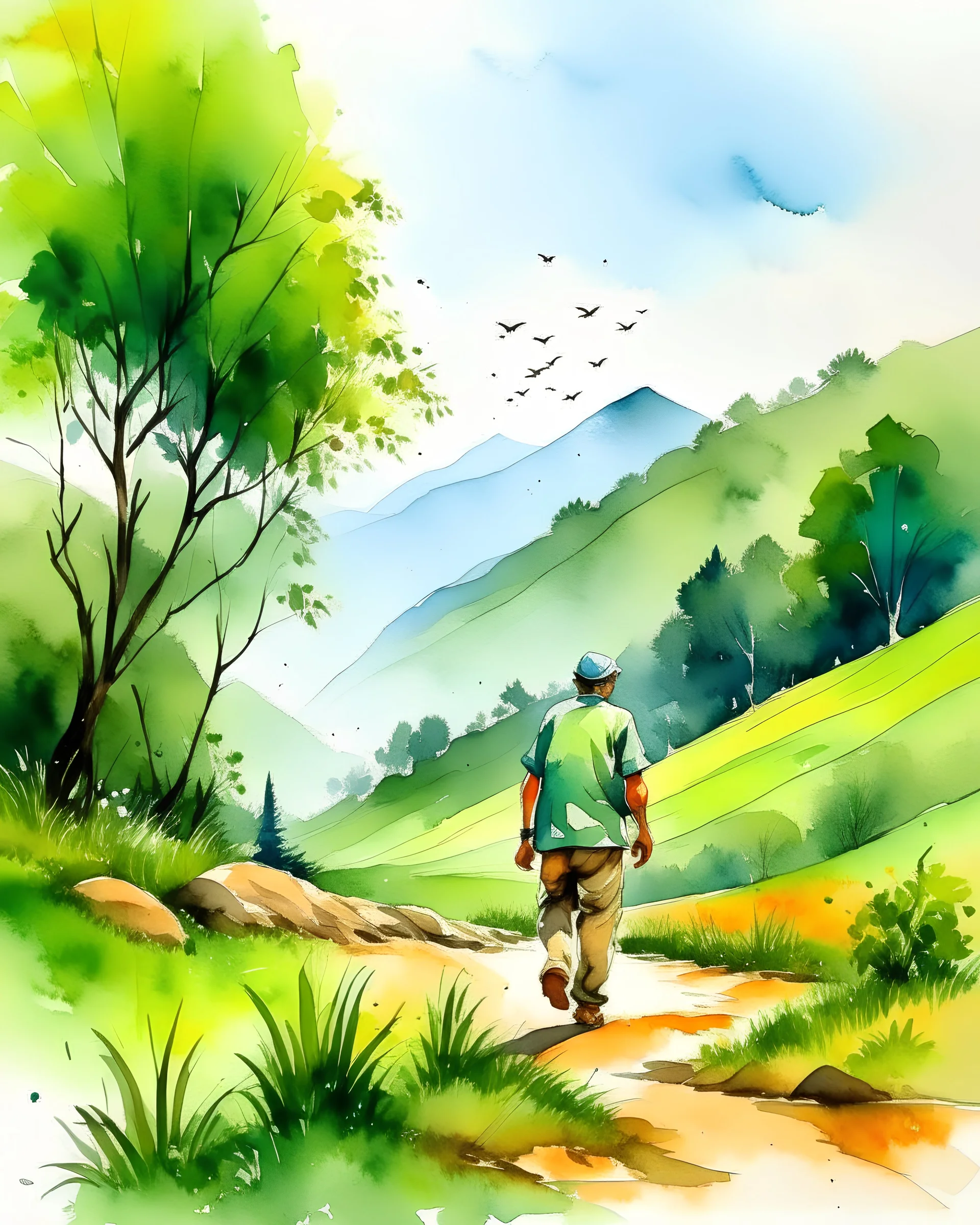 middle aged man walking alone in landscape smala mountains, green trees, birds in backdrop water color
