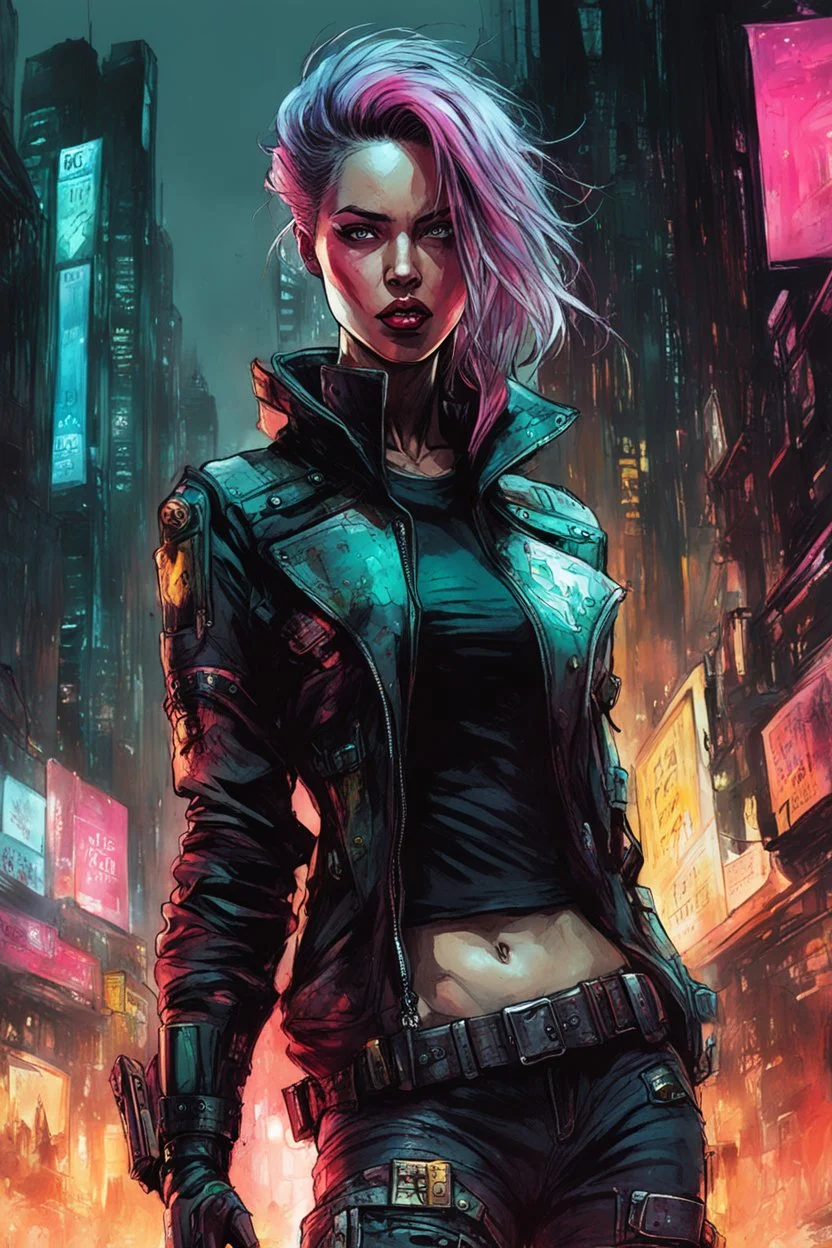 full color concept illustration of cyberpunk anti heroine , maximalist, sharp focus, highest resolution, in the styles of Denis Forkas and Masahiro Ito, boldly inked, 8k, coarse, gritty textures