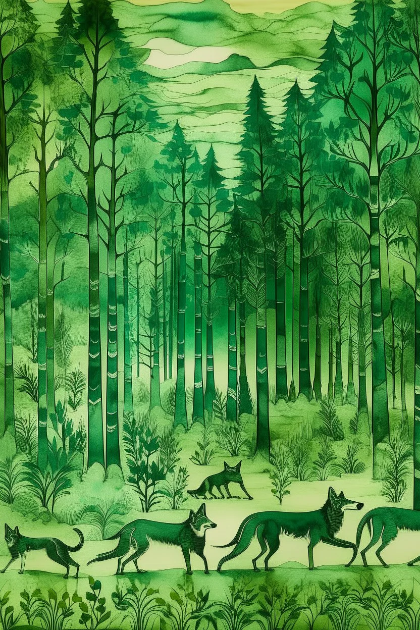 A green viny forest with wolves designed in ancient Egyptian hieroglyphics painted by Paul Cezanne