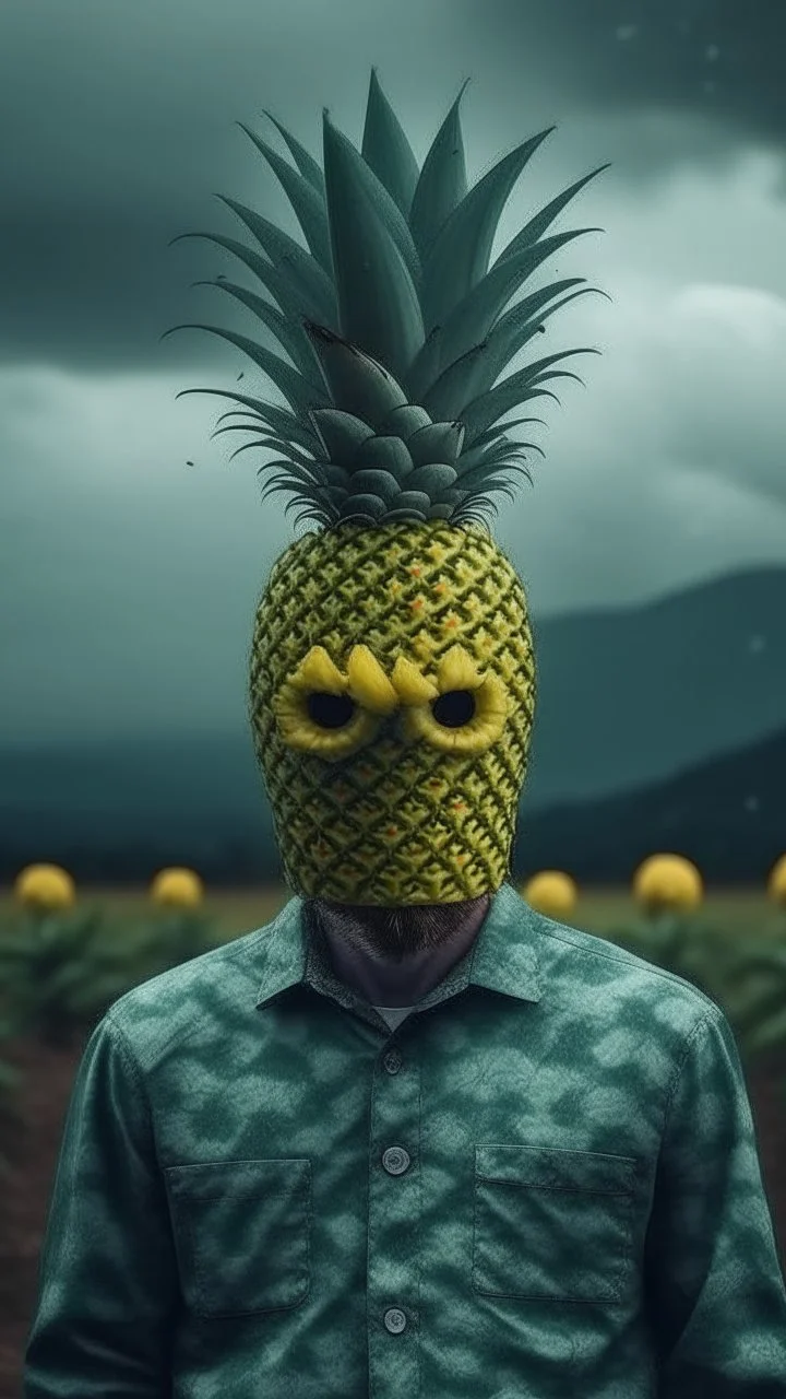 A man with 6 eyes, no face expressions , no hair in the background a big pineapple , cloudy weather 8k