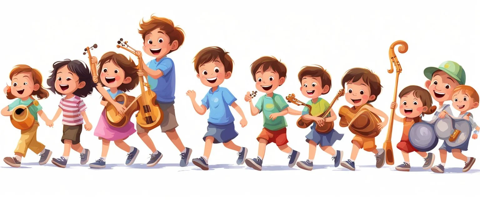 children joyfully walking with musical instruments. Pixar Digital painting illustration