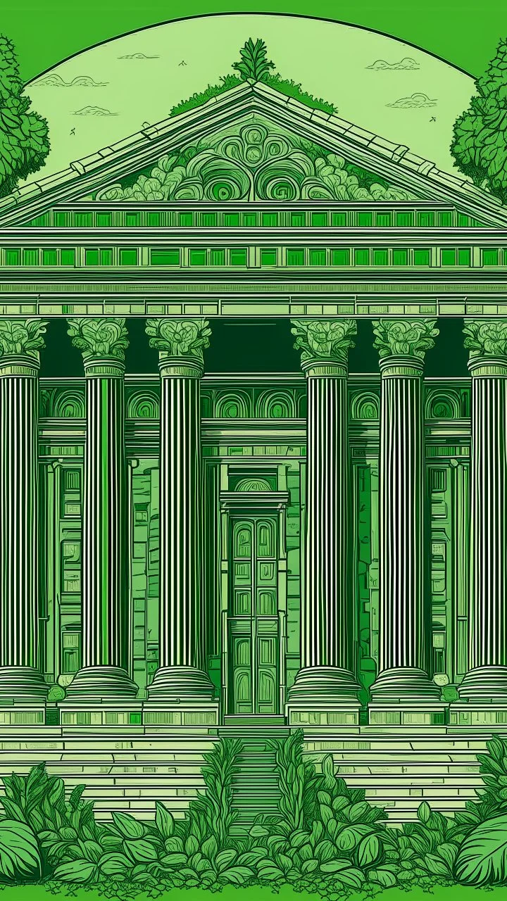 very detailed all Green Ancient Greek temple surrounded by leaves and ivy, medieval, gothic style, fine line draw style