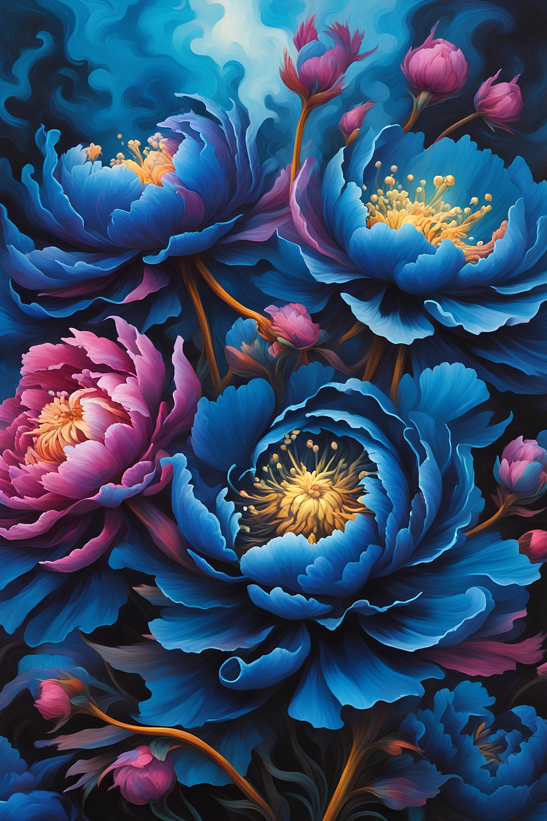 vibrant psychedelic oil painting image, airbrush, 64k, cartoon art image of background blue and black peony flowers, dystopian