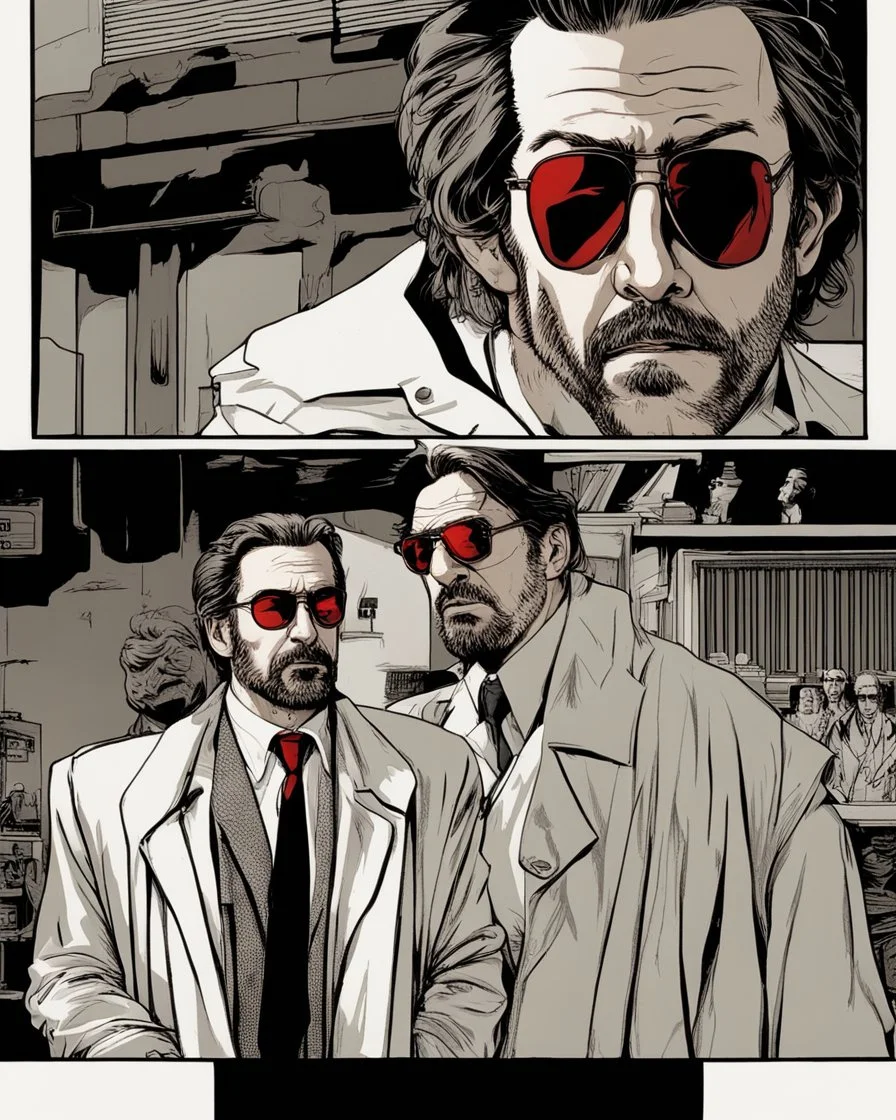 hans gruber wearing a trench coat and red sunglasses staring with a judgmental look on his face