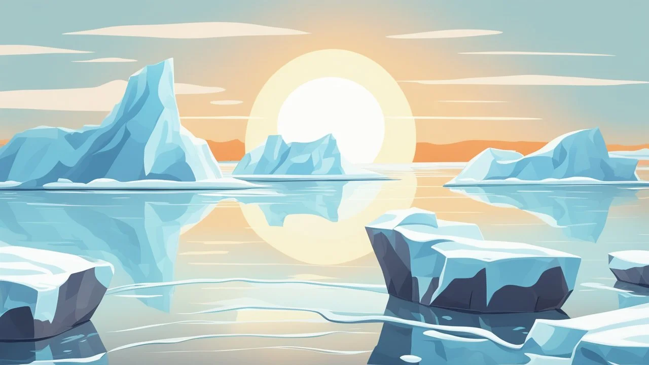 cartoon illustration: nature with icebergs and frozen sea, sun in the sky