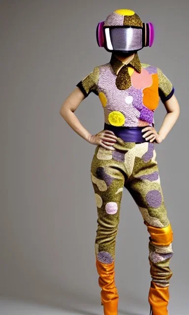 Asa akira as model. Camouflage colors are terracotta, cream and purple, lilac and Cream latex, imperial yellow, red plum. Printed Dots, plants.European daft punk woman. Mantle is sewed of recycled Denim and sewed together of recycled polymer felt. lace, Yellow(Munsell) areas. hint of orange as effect color!!Big bright purple/khaki felt tippet and cream or blue or lilac colored-hood. mantle is merged with satchel. . AKG-style headphones (gold rings!) is merged with felt cap, cyan small visor.