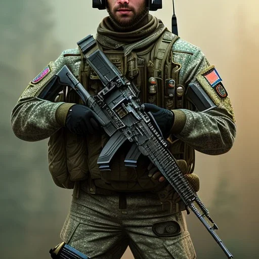 Kodak portra 4 0 0, Ukraine special forces operator portrait ,bokeh, utra realistic, ultra detailed 3d renderer, masterpiece, sharp focus,volumetric lighting, ultra photoreal, lens macro,hypermaximalist, unreal engine, HDR, UHD, 64K