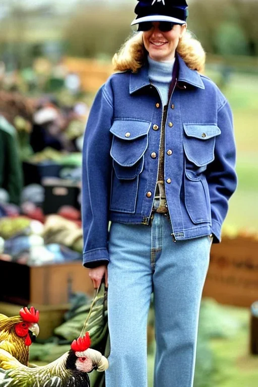 Fresh woman, no make-up, plum-blue-camouflage jacket. Old-fashioned things like CD's, microphone integrated to mask! Wool visor to tippet, AKG headphones, golden rings. materials are denim, leather and felt cloth mixed. Fashion 1990's. Venue: Farm Recycled plastic, stuff, nature, Chicken and cockatoo, Natural Light. Possible colors: Cream white, zinc plate, red ochre, ochre. Thick tights. Thick calves. wide hip