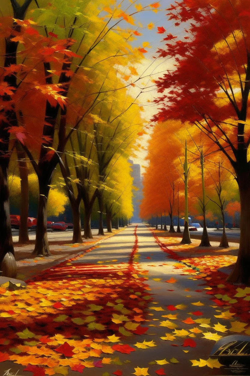 Recreate the essence of autumn by depicting a tree-lined boulevard covered in vibrant, multicolored leaves. Be meticulous with details, from the textures of the leaves to the play of light and shadows, photograph