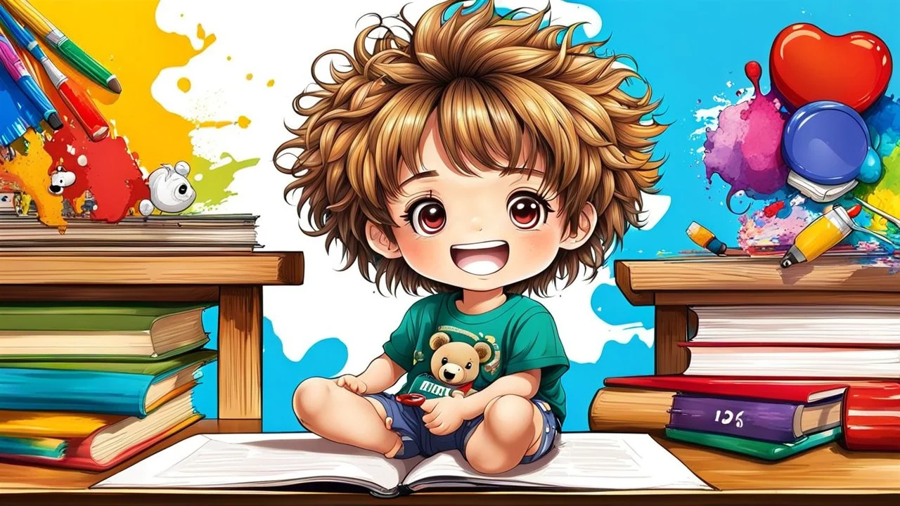 detailed digital art style, cute anime, detailed chibi face with smile, sitting on school desk in hand a bear toy, in colorful t-shirt and short paint, , messy hair random drawing background, child book style, highly detailed, no photorealism
