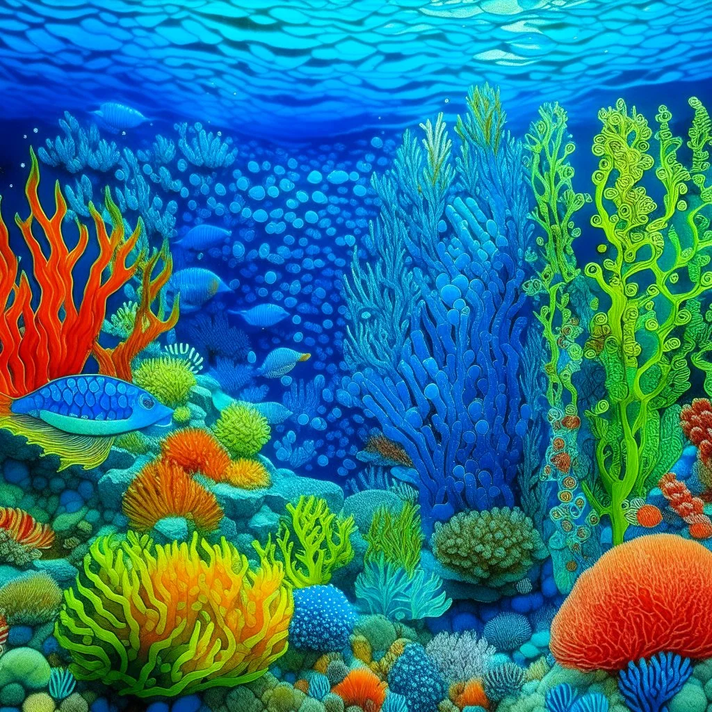 A blue underwater reef with rainbow iridescent coral designed in ancient Roman mosaics painted by Karl Wiener