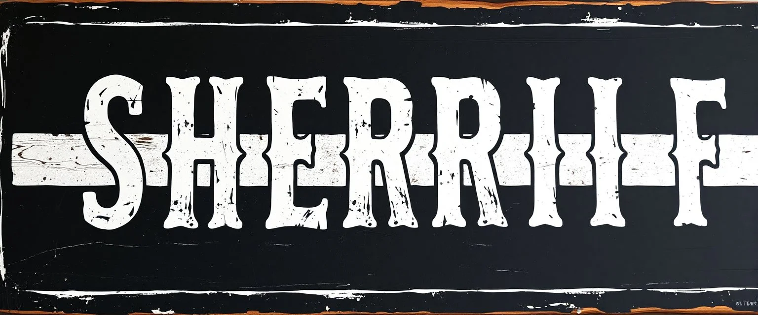 fill composition with large and wide hand painted old western sign that reads: "SHERRIF" white on black with inset white stripe aged paint sanserif