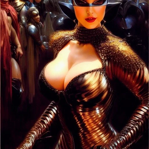 Drawing of beautiful face,'beautiful ,Busty Catwoman',intense stare, ancient skintight armor, balanciaga fashion clothe painting by gaston bussiere, greg rutkowski, yoji shinkawa, yoshitaka amano, tsutomu nihei, donato giancola, tim hildebrandt, Oil on canvas, cinematic composition, extreme detail,fit full head inside picture,16k