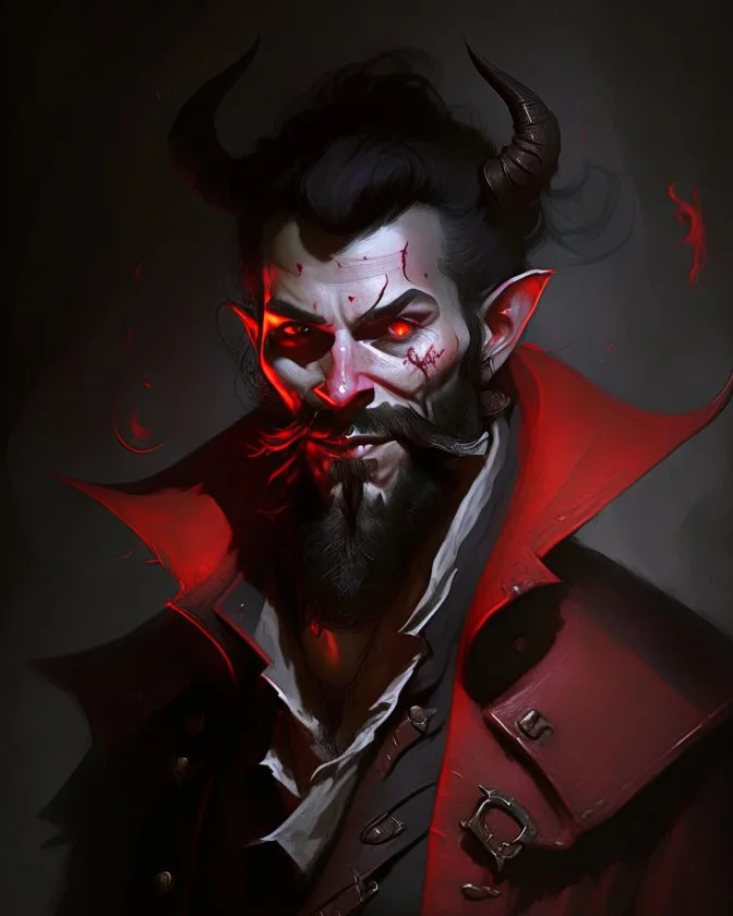 Full Portrait, Humanoid male, demonic tiefling, pirate scoundrel, happy dangerous, red coat, pale gray skin, black hair, black beard, short beard goatee, gunslinger, mood lighting dark, underground,