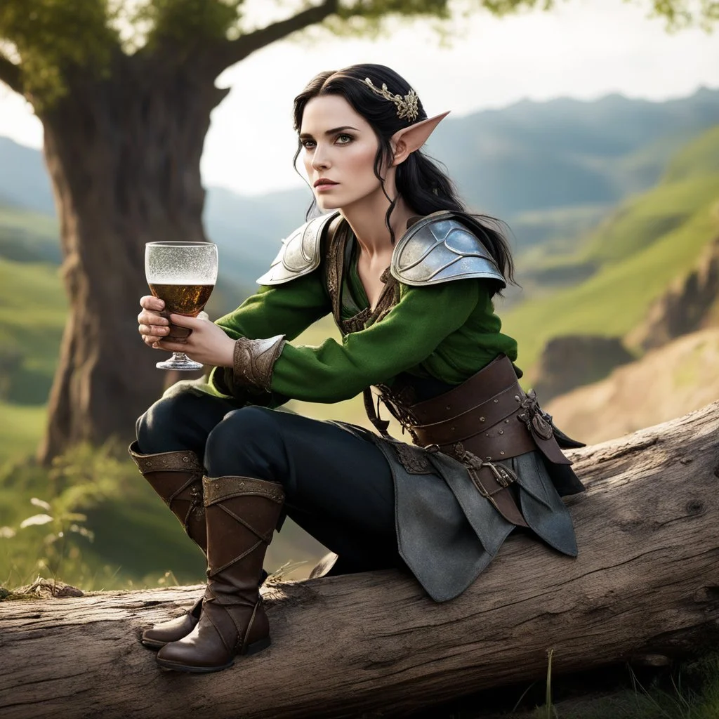 [high res haiku Ink splatter, bokeh] youthful Winona Ryder as an elf in dusty armour drinking Miruvor in a carved goblet, she sits on a log on a hill, in front of a wonderful landcsape, she is bold and has no inhibition