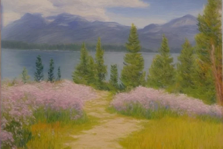 Mountains, lake, flowers, pathway, pine trees, clouds, otto pippel impressionism painting