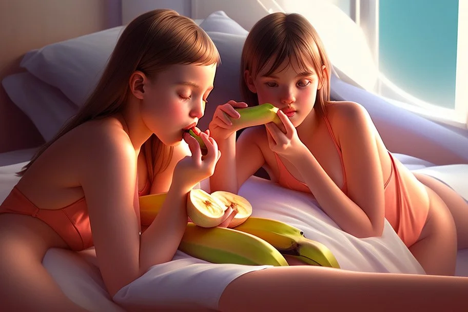 Digital painting of two beautiful young teenage girls in a swimsuit on a bed. eating a banana. with dad, artstation, 8k, extremely detailed, ornate, cinematic lighting, vivid.