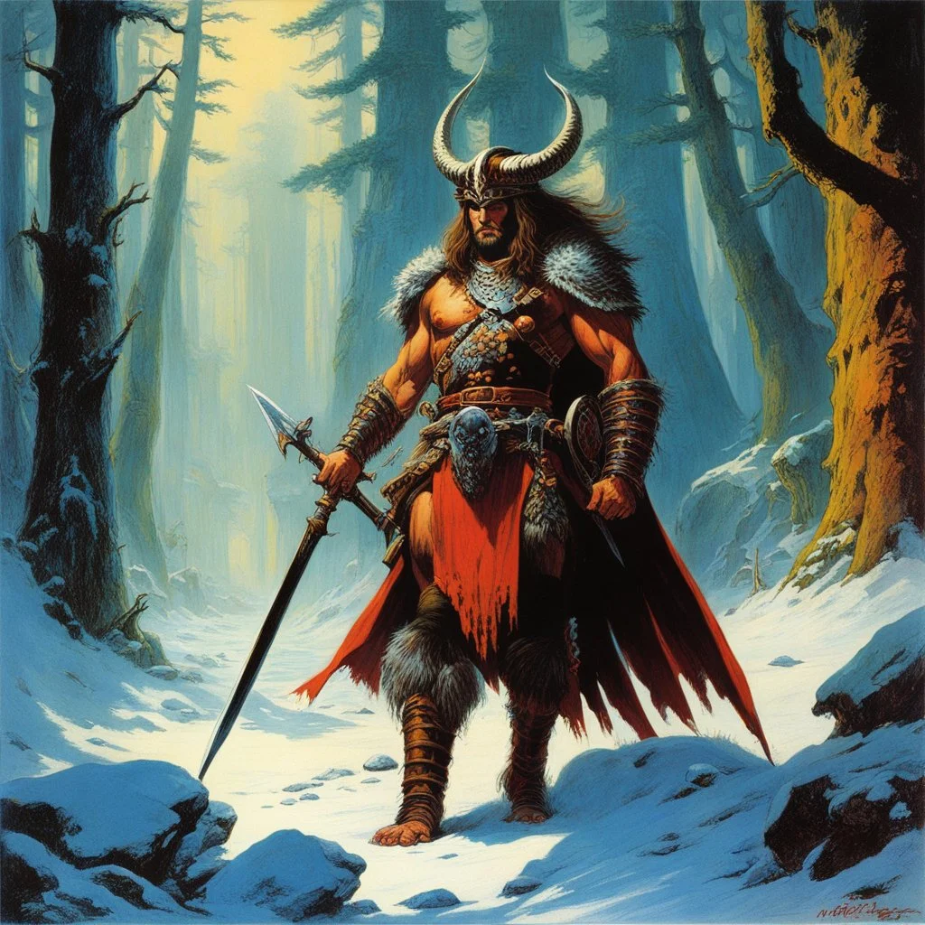 [art by Bruce Pennington] THE DEATH DEALER: tribeless barbarian in a large forest that, after the end of the Ice Age, will one day become the Mediterranean sea. When the Mongol-esque Kitzaak Horde invade the forest, various parties try to recruit Gath's aid to defend against them. One of them, the beautiful sorceress Cobra, gives Gath a helmet possessed by the god of death. The helmet gives him godlike power but at the same time tries to break Gath to its will. With the help of the worldly trave