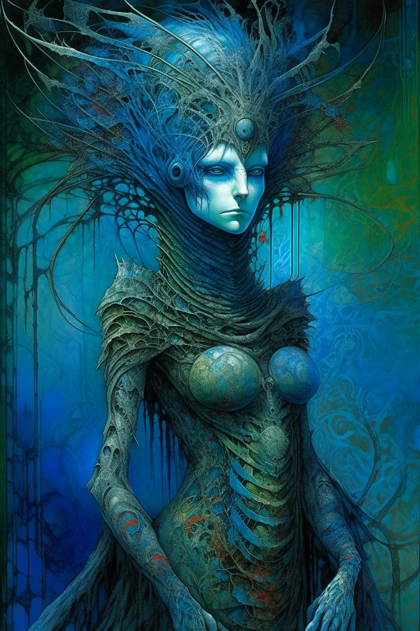 A beautiful girl with a colorful peacock hair , full body , front view . decayed and rotting with grotesque proportions and imagery. grotesqueries, detailed texture, surreal horror, biomechanical design, by hr giger and beksinski , on blue color