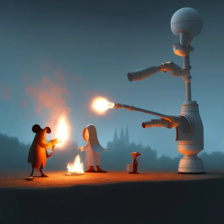 The mouse and the grim reaper discussing the future of the universe, on fire world, art by Pixar and Magritte