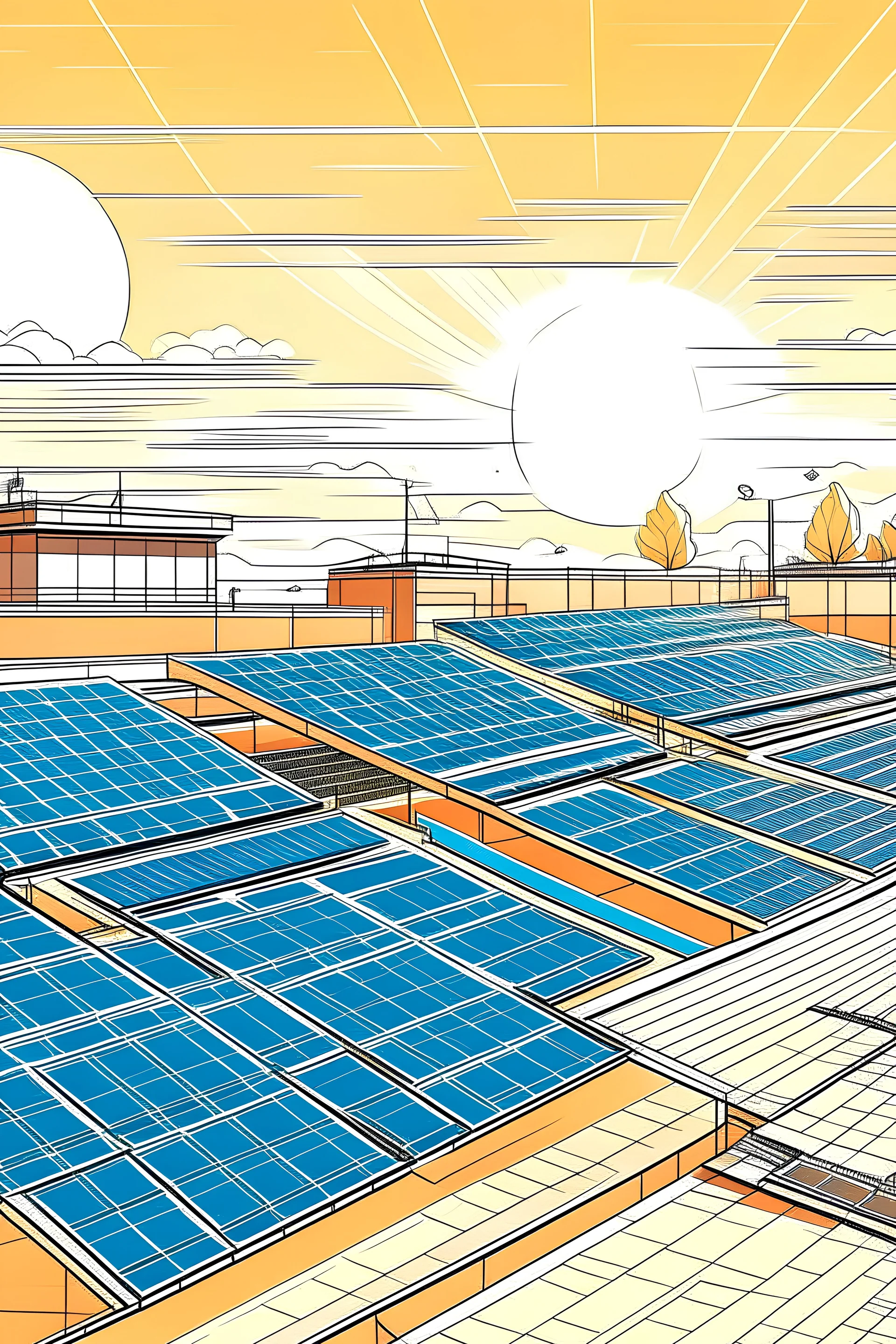 An outline art of a sunny day with rooftops covered in sleek solar panels, soaking up the sun's rays and turning them into bright, usable energy.