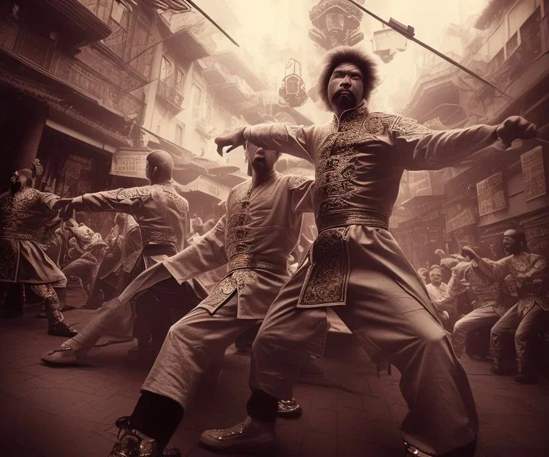 mdjrny-v4 style, twin plain clothed American kung fu artists in Chinatown in a fighting stance, dramatic lighting, epic photo, volumetric lighting, detailed, photo realistic, cinematic, by seb mckinnon