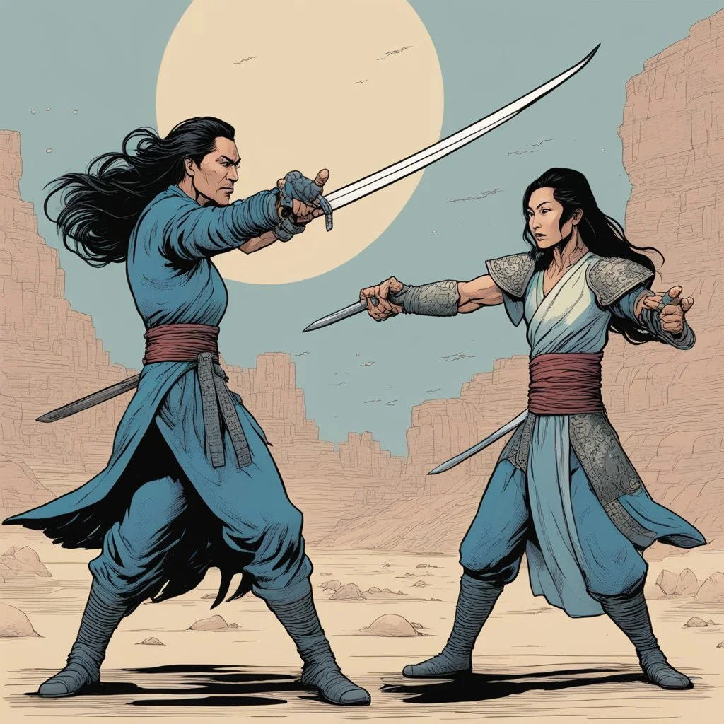 [mexican comics Head Lopper style by Andrew MacLean] Michelle Yeoh fights Khan Noonien Singh in kung-fu on the surface of Ceti Alpha VI