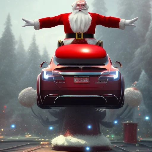 Santa driving his red Tesla convertible car, character design by cory loftis, fenghua zhong, ryohei hase, ismail inceoglu and ruan jia. unreal engine 5, artistic lighting, highly detailed, photorealistic, fantasy