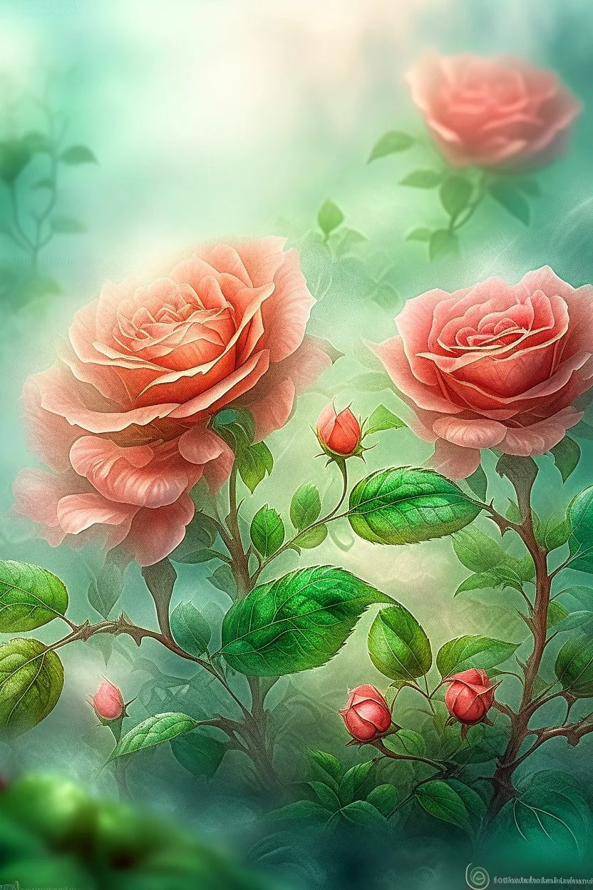 magic Watercolor, double Chinese rose bush, ultra-detailed, morning, rain, greenery, beautiful landscape, fog, many details, delicate sensuality, realistic, high quality, 3d, work of art, hyperdetalization, filigree, foggy haze background, hyperrealism, professional, transparent, delicate pastel tones, back lighting, contrast, fantastic, unreal, translucent, glowing, clear lines, epic fabulous, fabulous landscape, hyperrealism