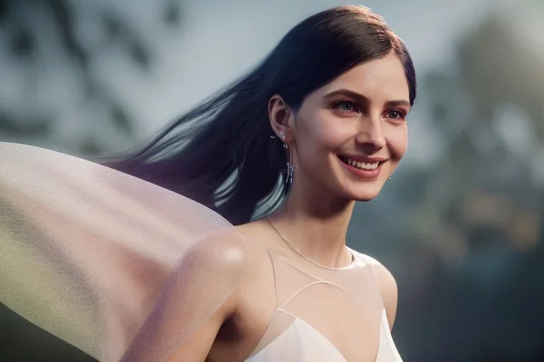 beautiful fairy very etheric, smiling, delicate colors, transparent wings, beautiful glamour dress, ultra sharp focus, 8k, unreal engine 5, extremely sharp detail, light effect, soft light atmosphere, smooth, full of details