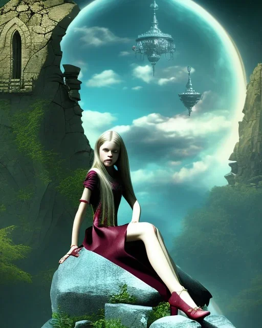 A young vampire girl sitting on a great stone throne